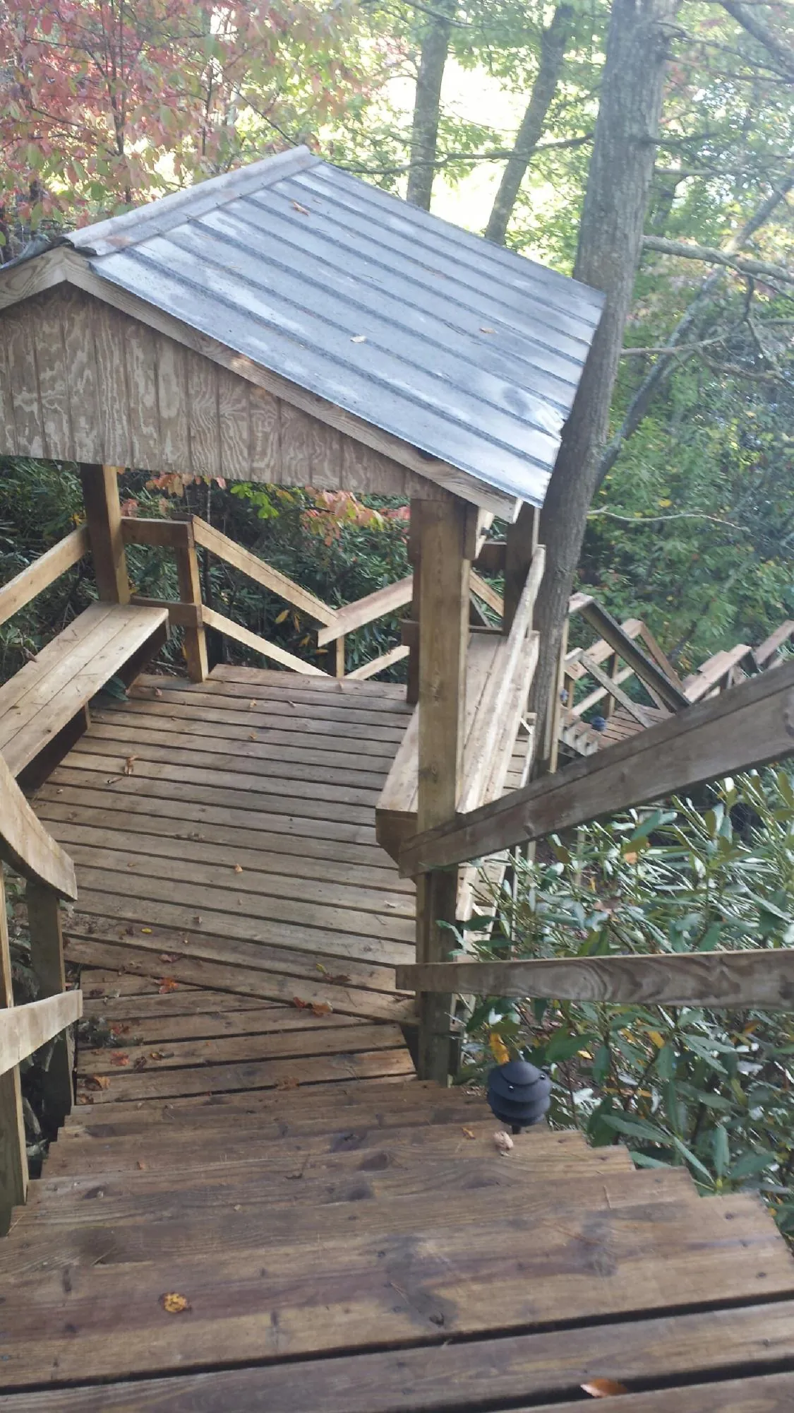 Metal roofed shelter over wooden steps on a wooded walkway — Skylight Repair & Installation work by our crew in Green Springs